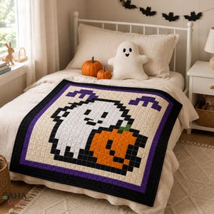Halloween-quiltmönster PDF, spök- och pumpa-pixelquilt