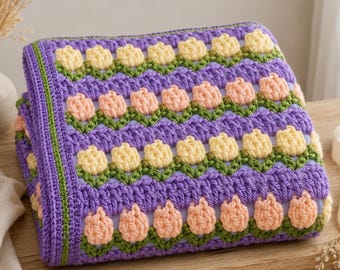 Modèle de couverture tulipe au crochet, jeté texturé à motifs floraux (PDF), couverture au point tulipe