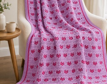 Modèle de couverture au crochet à point de cœur, jeté texturé bicolore (PDF), couverture romantique
