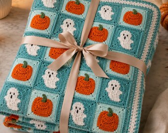 Halloween Ghost & Pumpkin Granny Square Blanket Crochet Pattern, Spooky Fall Throw PD