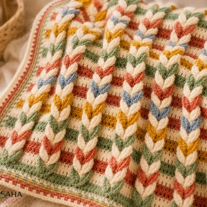 May include: A crocheted blanket featuring a striped pattern in cream, sage green, mustard yellow, and terracotta. The surface is decorated with raised, vertical braided cables in cream, interspersed with small accents of blue, yellow, and green.