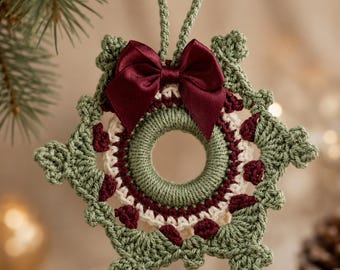 Crochet Christmas Wreath Ornament Pattern PDF, Mini Holiday Decoration for Beginners