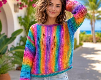 Summer Rainbow Crochet Sweater Pattern PDF | Oversized Mesh Pullover