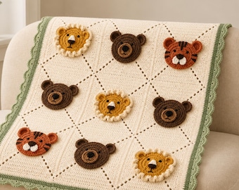 Modèle de couverture bébé au crochet, carrés appliqués animaux de safari (PDF)