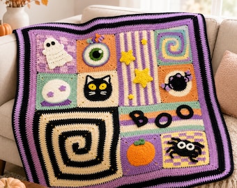 Modèle de couverture au crochet pour Halloween, couverture carrée « Grand-mère effrayante » (PDF), tapis d'éveil pour bébé