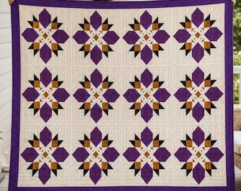 Patron PDF de courtepointe étoile, jeté moderne à pétales en forme d'étoile, patchwork géométrique HST