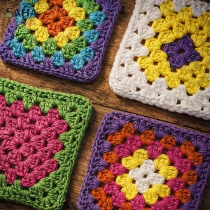 May include: Four colorful crocheted granny squares in a variety of colors, including purple, green, yellow, orange, and pink. The squares are arranged on a wooden surface, showcasing the handmade texture and vibrant hues of the yarn.