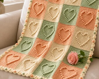 Modèle de couverture bébé au crochet avec cœurs à pompons, couverture carrée texturée (PDF)