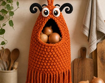 Modèle de sac monstre au crochet, support de sac suspendu (PDF), rangement de cuisine pour Halloween, porte-sacs en plastique, modèle de monstre au crochet