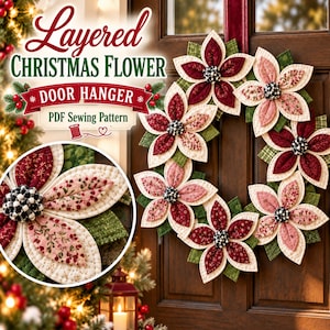 May include: A fabric door hanger shaped like a wreath, featuring layered, quilted flower petals in shades of deep red, light pink, and cream, with black and white checkered centers, displayed on a wooden door with text overlay.
