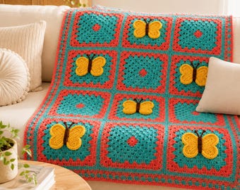 Modèle de couverture au crochet avec appliqué papillon, ensemble de modèles PDF de jeté carré grand-mère