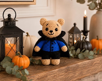 Modèle d'ours amigurumi, mini ours en peluche vampire, tutoriel PDF de jouet au crochet pour Halloween