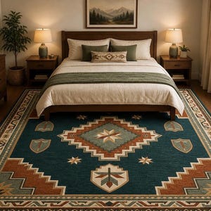 May include: A teal area rug with a geometric pattern in shades of brown, beige, and green. The rug is placed in a bedroom with a wooden bed frame, nightstands, and lamps. The room has a neutral color palette.