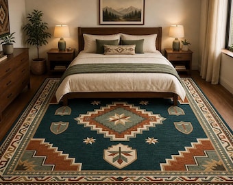 May include: A teal area rug with a geometric pattern in shades of brown, beige, and green. The rug is placed in a bedroom with a wooden bed frame, nightstands, and lamps. The room has a neutral color palette.