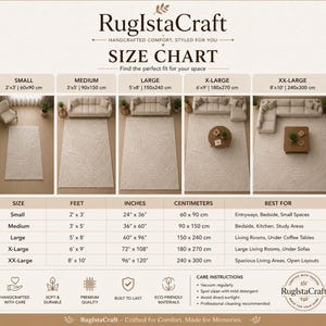 May include: Size chart for RuglstaCraft rugs, showcasing various sizes from 2'x3' to 8'x10', with corresponding measurements in inches and centimeters. Includes care instructions and details on ideal spaces for each rug size.