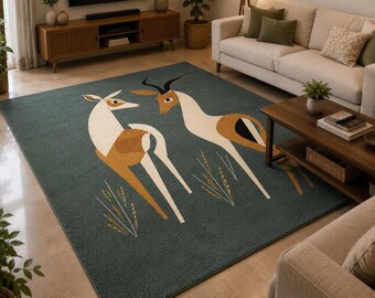 Modern Deer Area Rug 5x7, 6x9, 8x10, 9x12 – Scandinavian Animal Print Living Room Carpet, Handmade Tufted Wool Rug, Nordic Gazelle Bedroom