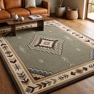 May include: A rectangular area rug featuring a sage green field with a central geometric diamond motif in shades of brown, cream, and blue. The border displays a repeating pattern of stylized arrows and chevron shapes in earth tones.