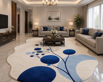May include: A large, cream-colored area rug with a unique, organic shape. The rug features a stylized floral design in shades of blue, with large, circular motifs and branching lines. The rug is placed in a living room with neutral-toned furniture.