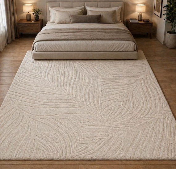 Large Beige Leaf Pattern Rug,Handmade Tufted Wool Area Rug,Neutral Living Room Carpet,Modern Abstract Botanical Rug,Bedroom Floor Rug4x6,5x7