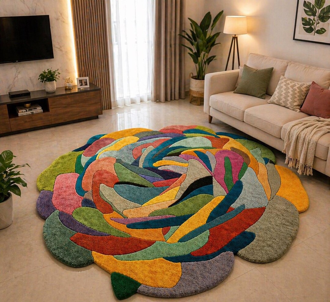 Handmade Tufted Wool Abstract Floral Rug – Colorful Irregular Shape ...