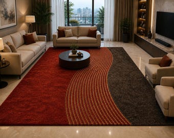 May include: A large area rug with a modern design. The rug features a deep red field, a brown section, and a wavy, striped pattern in shades of red and gold. The rug is in a living room setting with furniture.