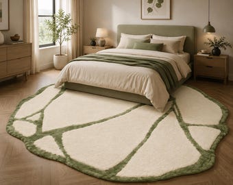 May include: An irregular, organic-shaped area rug featuring a cream-colored, textured surface divided by thick, sage green lines that create a stone-like, segmented pattern across the floor in front of a bed with matching green bedding.
