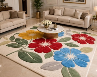 May include: A large, rectangular area rug with a cream-colored background. The rug features a floral design with large, colorful flowers in red, yellow, and blue, along with green and gray leaves. The rug is placed in a living room setting.
