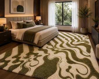 May include: A large rectangular area rug featuring a high-pile texture with an abstract, flowing pattern of olive green and cream-colored wavy lines that extend across the entire surface, covering the floor space in a bedroom setting.
