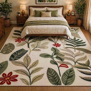 Hand Tufted Botanical Rug, Floral Leaf Area Rug, Handmade Wool Carpet, Nature Inspired Bedroom Rug, Modern Living Room Rug,4x6,6x9,5x7,8x10