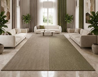 May include: A spacious living room featuring two cream-colored sofas facing each other, a long, rectangular rug with a textured design, and large windows with curtains. A large chandelier hangs from the ceiling, illuminating the room.