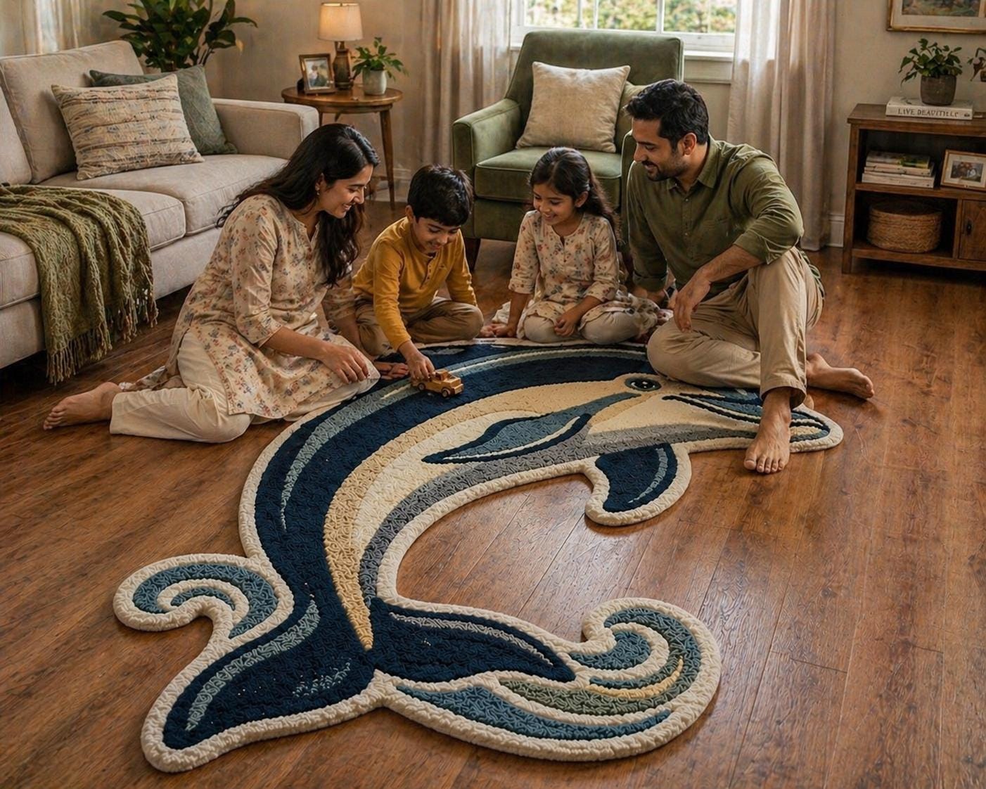 Dolphin Shape Rug Tufted Ocean Carpet, Handmade Kids Room Rug, Nautical ...
