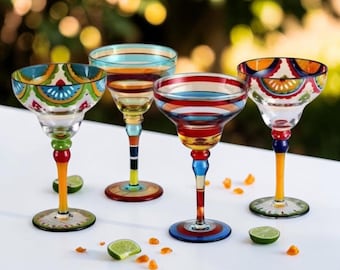 Buntes Margarita Glas Set, Cocktailgläser 4er Set, Ästhetische Weingläser, Handgemachte Becher Tassen, Barware Geschenk, Party Gläser
