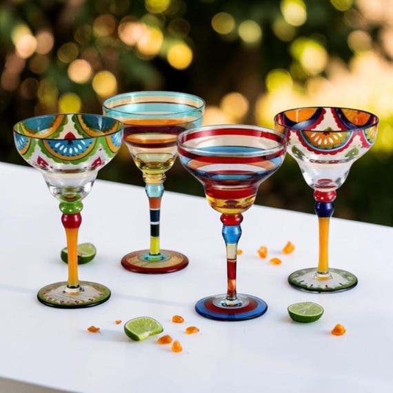 Buntes Margarita Glas Set, Cocktailgläser 4er Set, Ästhetische Weingläser, Handgemachte Becher Tassen, Barware Geschenk, Party Gläser