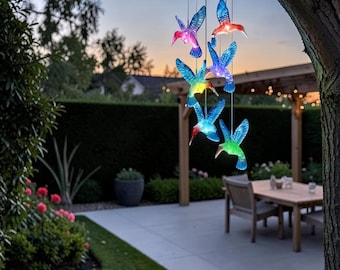 Campanilla de viento solar con forma de colibrí, luces LED que cambian de color, decoración para jardín exterior, regalo para mamá, cumpleaños, decoración de patio.