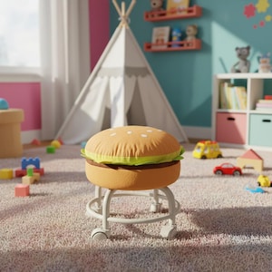 May include: A whimsical burger-shaped stool with a light brown bun, green lettuce, and a dark brown patty. The stool sits on a white metal frame with wheels, perfect for a child's room. The room has a teepee, toys, and a pink and blue color scheme.