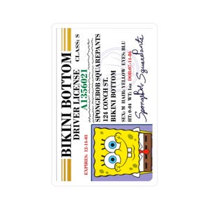 Może przedstawiać: Licencja kierowcy z postacią SpongeBoba Kanciastoportego. Licencja zawiera takie szczegóły, jak adres 124 Conch St., Bikini Bottom, oraz datę ważności 12-14-03. Obraz postaci znajduje się na dole.