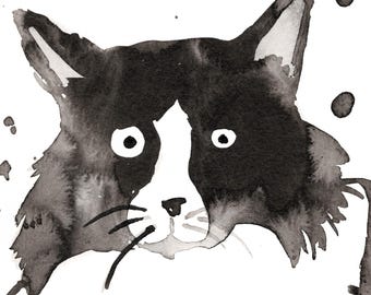 Tuxedo Cat Expressive Ink Painting Print
