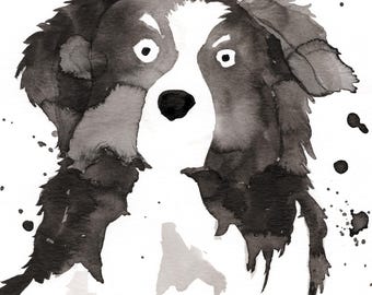 Australian Shepherd Dog Expressive Ink Painting Print