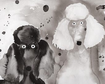 Two Poodles Expressive Ink Painting Print