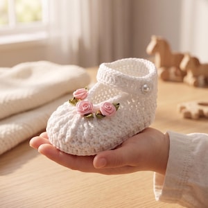 May include: A white, crocheted baby shoe with a strap and a pearl accent. The shoe is decorated with three small pink roses and green leaves. The shoe is held in a person's hand.
