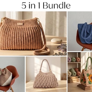 Bundel met 5 haakpatronen voor tassen | Zonnebloemtas, macramé tasjes (digitale download)