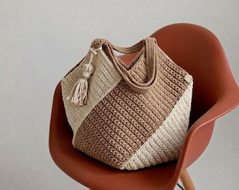 Modello per borsa tote all'uncinetto bicolore / Tutorial per borsa da mercato in stile boho (PDF)