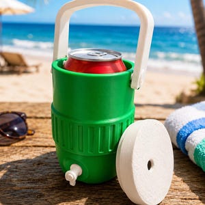 May include: A green cooler with a white handle and spigot holds a red can. A white coaster sits beside the cooler on a wooden surface. The background shows a beach scene with sunglasses and a towel.