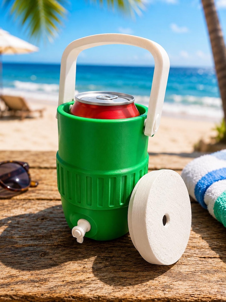 May include: A green cooler with a white handle and spigot holds a red can. A white coaster sits beside the cooler on a wooden surface. The background shows a beach scene with sunglasses and a towel.