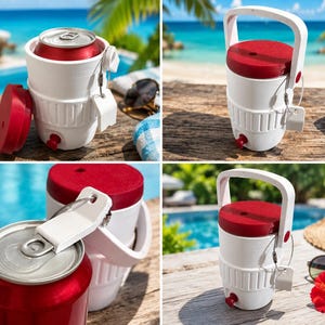 May include: White and red insulated beverage cooler with a handle. The cooler has a red lid and a red spigot. A red can is inside the cooler. The cooler is on a wooden surface near a pool and beach.
