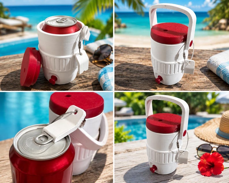 May include: White and red insulated beverage cooler with a handle. The cooler has a red lid and a red spigot. A red can is inside the cooler. The cooler is on a wooden surface near a pool and beach.