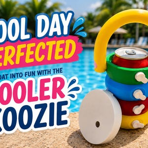 Puede incluir: Un flotador de piscina colorido con un asa amarilla, que sostiene una lata roja. El koozie está hecho de anillos apilados en verde, azul, rojo y amarillo. El texto dice "Pool Day Perfected" y "Pooler Koozie".