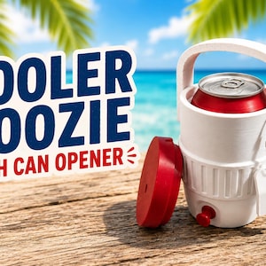 Könnte beinhalten: Ein weißer Kühler mit einer roten Dose, einem roten Deckel und einem Dosenöffner. Der Kühler hat einen Griff und ein Etikett. Der Text "COOLER KOOZIE WITH CAN OPENER" steht auf einem Schild. Der Hintergrund ist eine Strandszene.