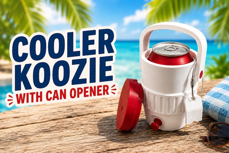 May include: A white cooler koozie with a red can inside, a red lid, and a can opener. The koozie has a handle and a tag. The text "COOLER KOOZIE WITH CAN OPENER" is displayed on a sign. The background is a beach scene.