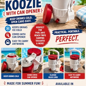 Cooler Koozie with Can Opener | Mini Igloo Style Can Cooler | Beach & Pool Drink Holder | Custom Color Can Insulator | Funny Summer Gift